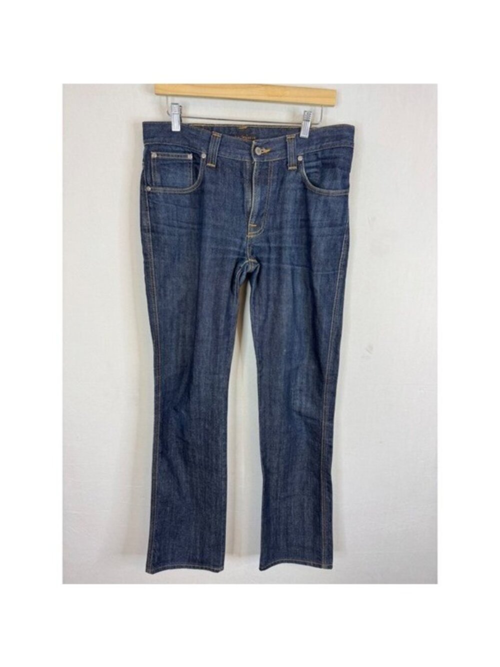 Nudie Jeans Co Low Slim Jim Dry Indigo Denim Jeans Mens 33x34 Orange Stitch